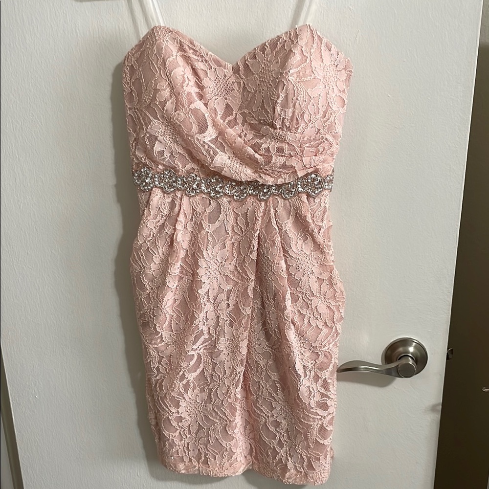 Pink strapless glitter lace dress with pockets size 4